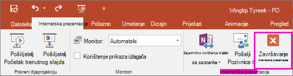 Prikazuje gumb Završi internetsku prezentaciju u programu PowerPoint