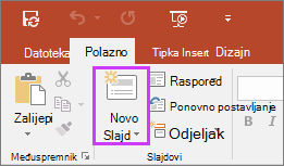 Prikaz gumba Novi slajd na kartici Polazno na vrpci u programu PowerPoint
