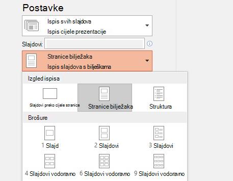 snimka zaslona mogućnosti ispisa bilježaka