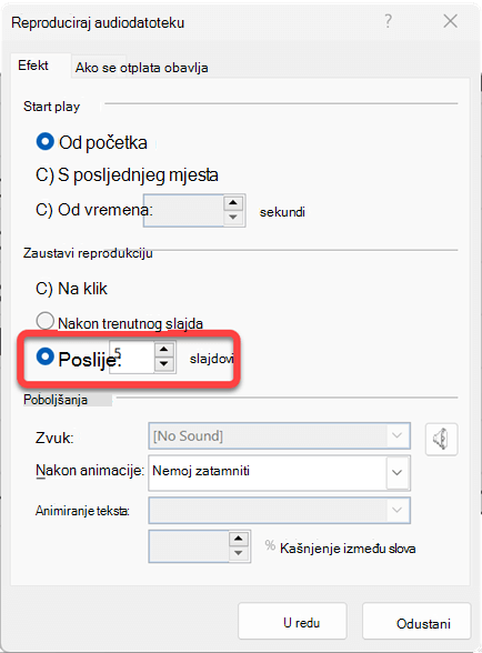Možete odrediti koliko će se slajdova audioisječak reproducirati.