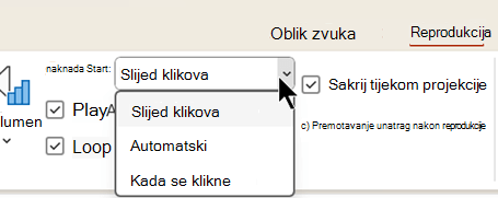 Na kartici Reprodukcija audiodatoteka postoje tri mogućnosti kada pokrenuti reprodukciju audiodatoteke.