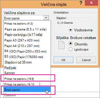 Široki zaslon ili Prikaz na zaslonu 16:9