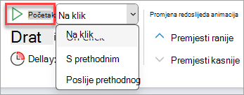 Padajući birač Start u odjeljku Tempiranje animacije.