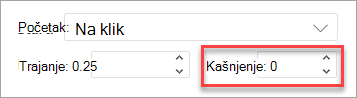 Polje Odgoda prilikom primjene animacije u programu PowerPoint na webu.