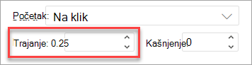 Polje Trajanje prilikom primjene animacije u PowerPoint na webu.