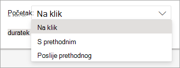 Padajući birač izbornika Pokreni prilikom primjene animacije u aplikaciji PowerPoint za web.