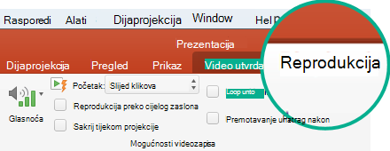 Kada na slajdu odaberete videozapis, na vrpci alatne trake pojavit će se kartica Reprodukcija, koja omogućuje postavljanje mogućnosti reprodukcije videozapisa.
