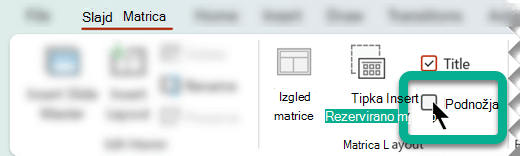 Na kartici Matrica slajdova u grupi Raspored matrice odaberite okvir Podnožja.