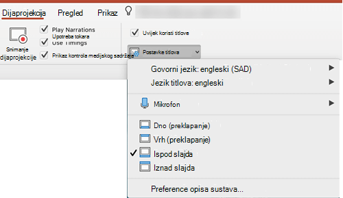 Postavke za opise i titlove nalaze se na kartici Dijaprojekcija u programu PowerPoint.