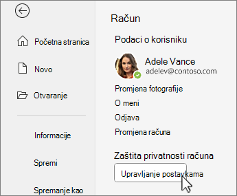 Podaci o računu u prikazu Backstage
