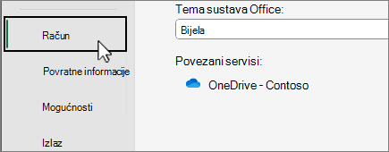 Odabrana stavka izbornika Račun u prikazu Backstage