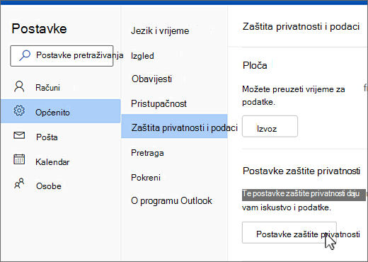 Izbornik Općenita postavka, privatnost i podaci