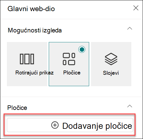 Snimka zaslona Dodavanje pločice za glavni web-dio
