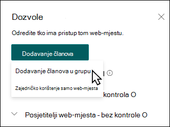 Gumb za dodavanje članova s prikazom padajućeg popisa.