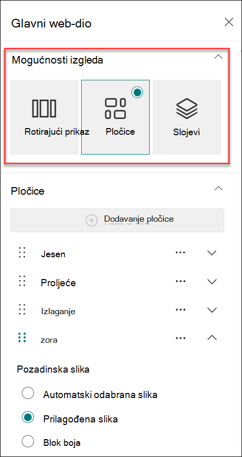 Snimka zaslona promjene rasporeda u oknu svojstava