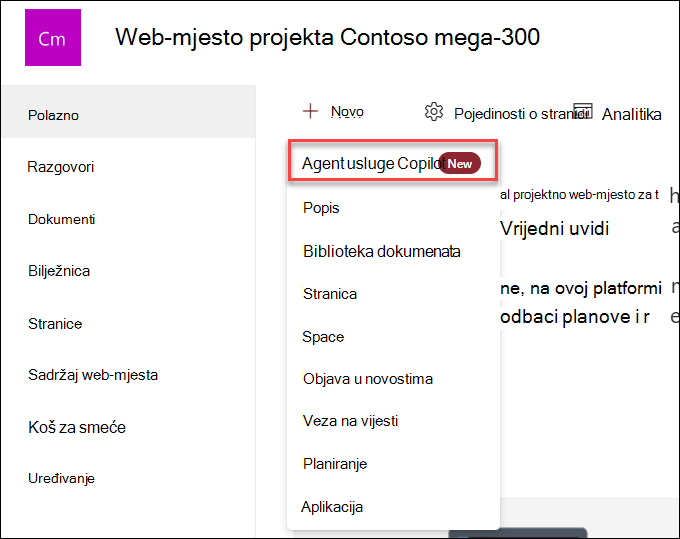 Snimka zaslona stvaranja novog agenta usluge Copilot s početne stranice web-mjesta