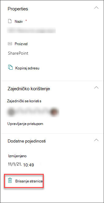 Snimka zaslona mogućnosti brisanja stranice u oknu s pojedinostima o stranici
