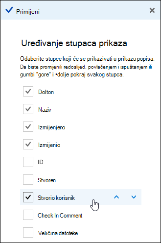 Raspoređivanje stupaca u biblioteci dokumenata