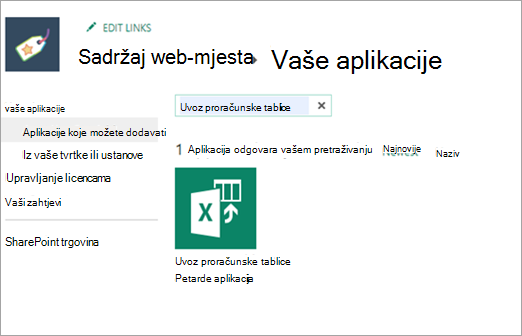 Snimka zaslona uvoza proračunske tablice u aplikacije koje možete dodati.