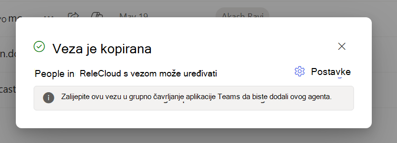 Dijaloški okvir za obavješćivanje korisnika da je veza za zajedničko korištenje kopirana u njihov međuspremnik.