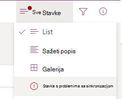 Odaberite mogućnost Stavke s problemima pri sinkronizaciji s izbornika mogućnosti promjene prikaza.