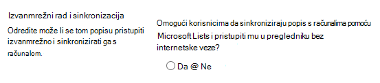 Izvanmrežne postavke i postavke sinkronizacije za popise