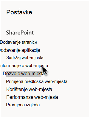 Snimka zaslona s postavkama sustava SharePoint na kojoj su odabrani podaci o web-mjestu