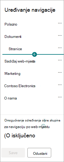 Navigacijski dijaloški okvir sustava SharePoint za središnja web-mjesta.