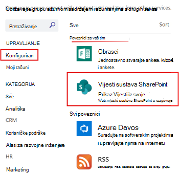 Prikaz vijesti sustava SharePoint konfiguriranih za kanal timova