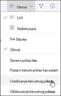 Mogućnost izbornika Uređivanje trenutnog prikaza u sustavu SharePoint Online