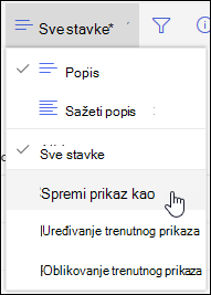 Mogućnost Spremi kao izbornika prikaza popisa sustava SharePoint Online