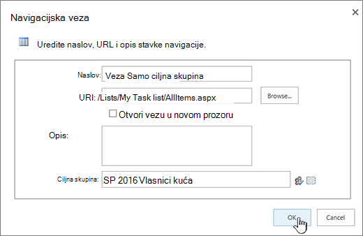 Svojstva navigacijske veze s istaknutom mogućnošću U redu.