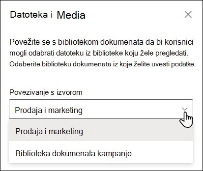 Okno svojstva preglednika datoteka s padajućim izbornikom Povezivanje s izvorom