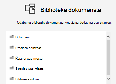 Odabir biblioteke dokumenata koju želite staviti na stranicu
