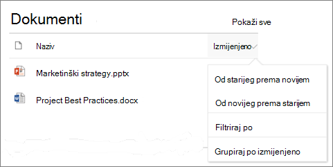 Dodavanje web-dijela biblioteke dokumenata s prikazom izbornika Sortiranje, filtriranje i grupiranje