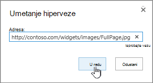 Dijaloški okvir hiperveze s istaknutom web-adresom i gumbom U redu
