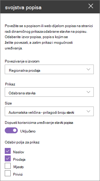 Okno web-dijela sa svojstvima popisa