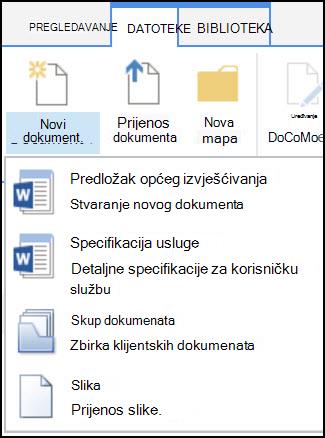 Novi dokument s prilagođenim vrstama sadržaja u sustavu SharePoint