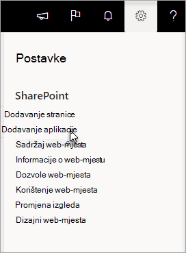 Izbornik postavki s istaknutom mogućnošću Dodaj aplikaciju