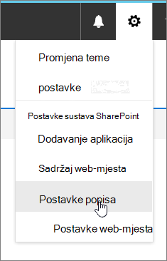 izbornik Postavke s istaknutom mogućnošću Postavke popisa