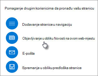 Ploča Promicanje koja prikazuje mogućnost Objavi kao Novosti na ovom web-mjestu