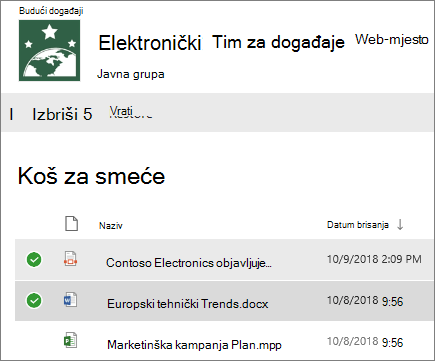 Odaberite jednu ili više stavki koje želite vratiti