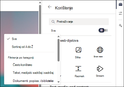 Filtriranje web-dijelova u alatnom okviru razine 2