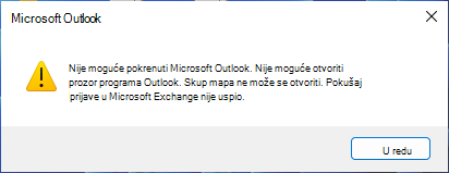 Poruka o pogrešci koja obavještava da Outlook nije moguće pokrenuti