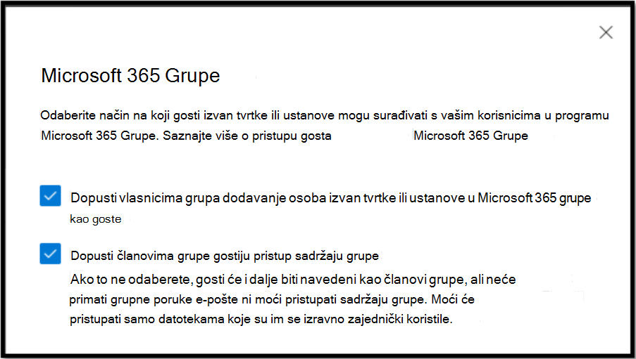 Odaberite kako gost izvan vaše organizacije može surađivati s vašim korisnicima u grupama sustava Microsoft 365
