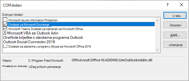 Otvoren je prozor dodatka Outlook coms.