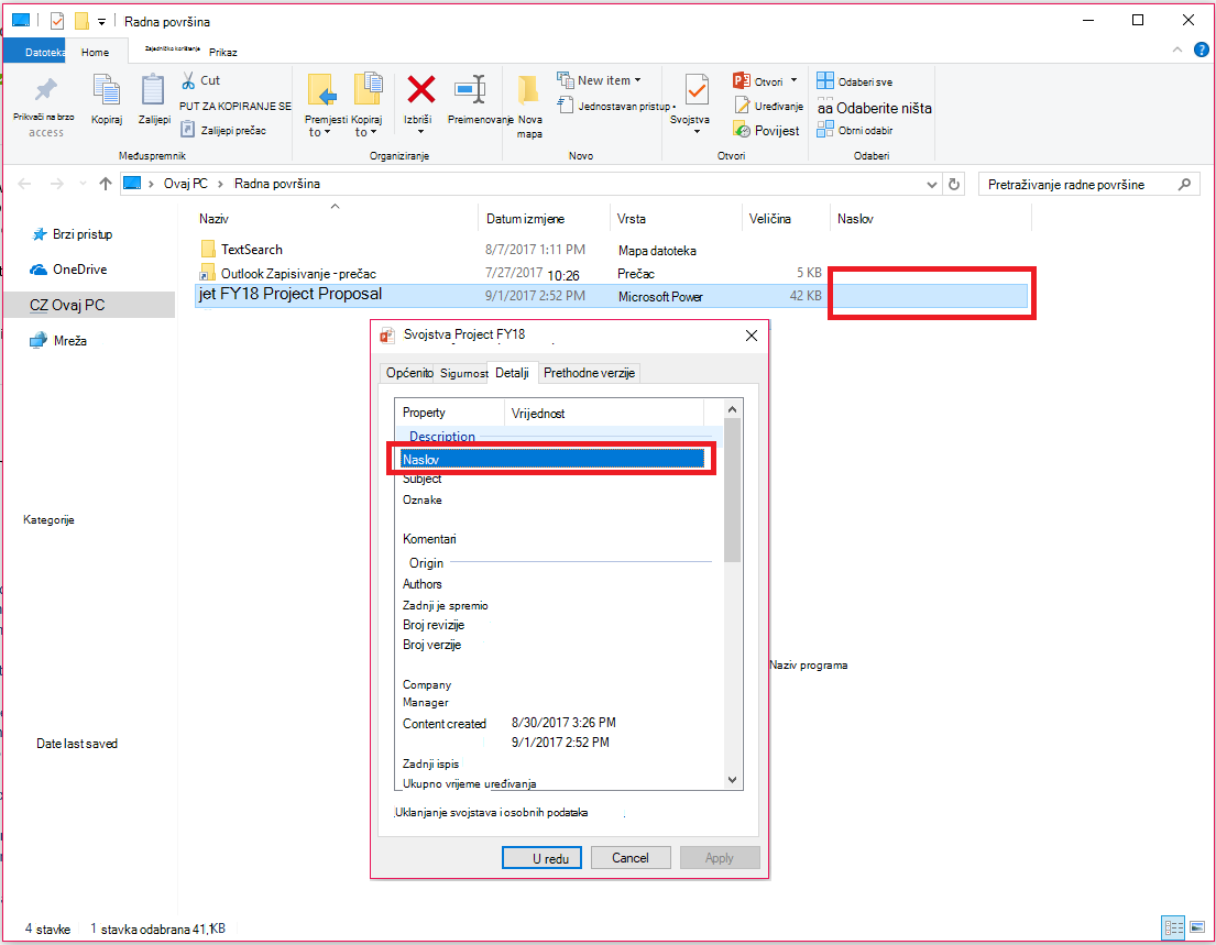 Svojstva dokumenata sustava Office u Eksplorer za datoteke u sustavu WindowsSTATUS