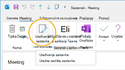 Gumb Uređivanje sastanka Prilagodba vrpce u programu Outlook