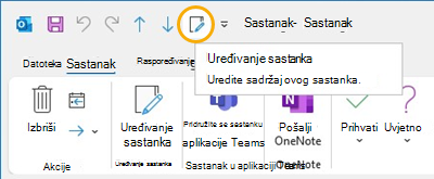 Gumb Uređivanje sastanka Alatna traka za brzi pristup u programu Outlook