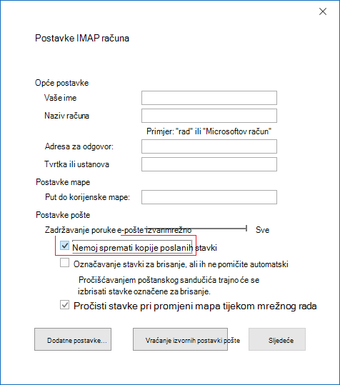 Postavke IMAP računa, Ne spremaj kopije poslanih stavki